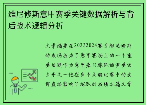 维尼修斯意甲赛季关键数据解析与背后战术逻辑分析