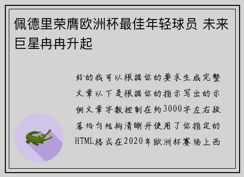 佩德里荣膺欧洲杯最佳年轻球员 未来巨星冉冉升起