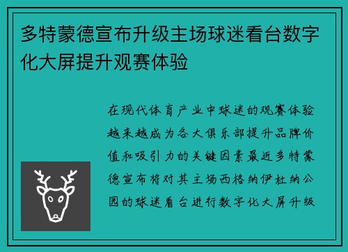 多特蒙德宣布升级主场球迷看台数字化大屏提升观赛体验