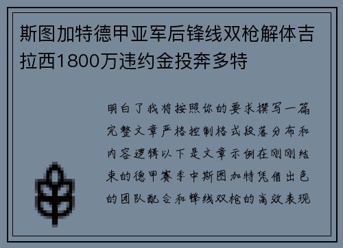 斯图加特德甲亚军后锋线双枪解体吉拉西1800万违约金投奔多特