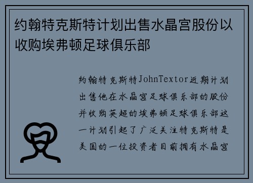 约翰特克斯特计划出售水晶宫股份以收购埃弗顿足球俱乐部