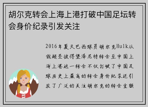 胡尔克转会上海上港打破中国足坛转会身价纪录引发关注 胡尔克转会上海上港打破中国足坛转会身价纪录引发关注